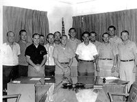 CIA’s A-12 “drivers” and managers: (l. to r.) Layton, Sullivan, Vojvodich, Barrett, Weeks, Collins, Ray, BGen Ledford, Skliar, Perkins, Holbury, Kelly, and squadron commander Col. Slater.